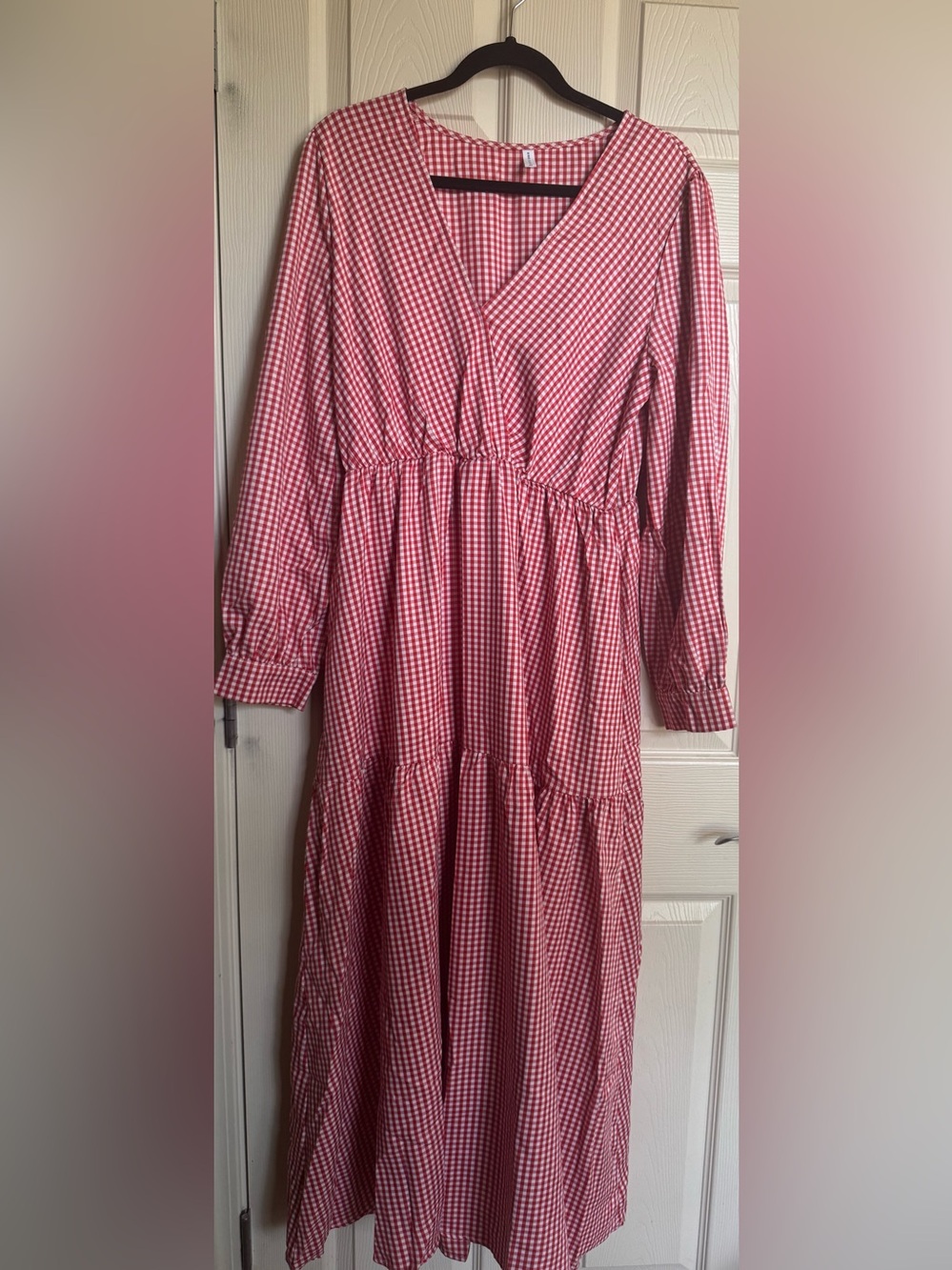 NWT Red Gingham Tiered Maxi Dress, Size XL, Fall Dresses - Picture 3 of 7